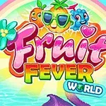 Hình ảnh có chữ Fruit Fever World với các nhân vật trái cây vui nhộn trên nền cầu vồng và cảnh biển