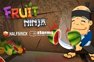 Nhân vật mặc trang phục ninja đang cắt đôi quả dưa hấu với nền đầy màu sắc và nhiều loại trái cây khác nhau