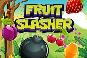 Hình ảnh với tiêu đề Fruit Slasher, có các loại trái cây như dâu tây, mận, anh đào và xoài cùng một quả bom ở phía trước nền xanh