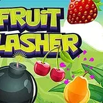 Hình ảnh với tiêu đề Fruit Slasher, có các loại trái cây như dâu tây, mận, anh đào và xoài cùng một quả bom ở phía trước nền xanh