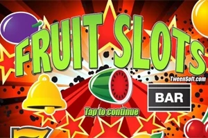 Hình ảnh có chữ FRUIT SLOTS ở giữa, xung quanh là các biểu tượng kẹo ngọt, chuông vàng, dưa hấu, và biểu tượng BAR trên nền sao đỏ
