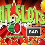 Hình ảnh có chữ FRUIT SLOTS ở giữa, xung quanh là các biểu tượng kẹo ngọt, chuông vàng, dưa hấu, và biểu tượng BAR trên nền sao đỏ