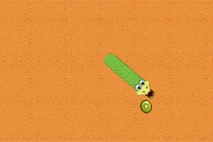 Con sâu hoạt hình màu xanh lá cây với đôi mắt to đang tiến về phía quả kiwi trên nền cam