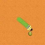 Con sâu hoạt hình màu xanh lá cây với đôi mắt to đang tiến về phía quả kiwi trên nền cam
