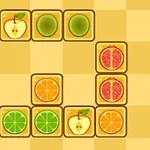 Các ô vuông hoa quả với hình ảnh của táo, cam, chanh, kiwi, và lựu trên nền caro màu vàng