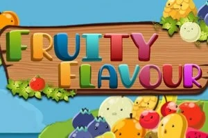 Các chữ cái màu sắc tạo thành dòng chữ FRUITY FLAVOUR trên nền gỗ, được bao quanh bởi các loại trái cây hoạt hình