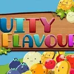 Các chữ cái màu sắc tạo thành dòng chữ FRUITY FLAVOUR trên nền gỗ, được bao quanh bởi các loại trái cây hoạt hình