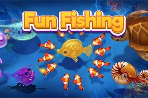 Fun Fishing Hình ảnh với dòng chữ Fun Fishing cùng các loài sinh vật biển như cá vàng, cá hề, rùa biển và sứa trên nền xanh đại dương