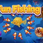 Fun Fishing Hình ảnh với dòng chữ Fun Fishing cùng các loài sinh vật biển như cá vàng, cá hề, rùa biển và sứa trên nền xanh đại dương