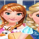 Hai nhân vật hoạt hình với mái tóc bím đứng cạnh nhau, một người cầm bánh, trong bối cảnh có lò vi sóng và khung cửa sổ phía sau
