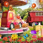 Một công viên vui chơi với vòng quay ngựa gỗ, các loài hoa sặc sỡ, bóng bay, và đồ chơi trẻ em