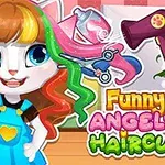 Một nhân vật hoạt hình mèo mặc áo xanh đứng trước nền đầy màu sắc với máy sấy tóc, kéo và chai xịt