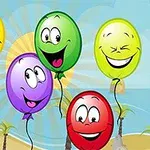 Những quả bóng bay nhiều màu sắc với khuôn mặt cười đang bay trên bãi biển với nền trời xanh và mặt trời tỏa sáng