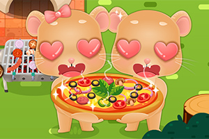 Hai chú mèo hoạt hình với đôi mắt hình trái tim cầm một chiếc bánh pizza lớn đầy màu sắc