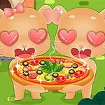 Hai chú mèo hoạt hình với đôi mắt hình trái tim cầm một chiếc bánh pizza lớn đầy màu sắc
