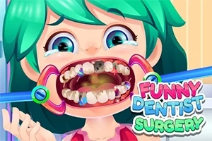 Cô bé tóc xanh đang ngồi trên ghế nha sĩ với miệng mở to, lộ ra hàm răng sâu trong phòng khám