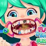 Cô bé tóc xanh đang ngồi trên ghế nha sĩ với miệng mở to, lộ ra hàm răng sâu trong phòng khám