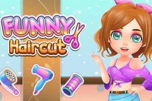 Cô gái tóc nâu mặc áo tím đang đứng bên cạnh dòng chữ màu sắc tươi sáng với hình ảnh các dụng cụ làm tóc