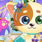 Mèo hoạt hình đáng yêu với đôi mắt to, đeo nơ trên đầu, xung quanh là các phụ kiện và đồ trang điểm trong một căn phòng trang trí dễ thương