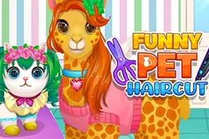 Hình ảnh hai con vật đáng yêu với kiểu tóc sáng tạo, trang phục màu sắc, và chữ Funny Pet Haircut trên phông nền sọc màu