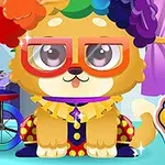 Chó con đội tóc giả cầu vồng và đeo kính, mặc trang phục chú hề ngồi trên bàn