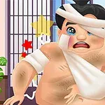 Một võ sĩ sumo bị thương, có băng quấn trên đầu và tay, đứng trong một căn phòng với các ngôi sao nhiều màu xung quanh