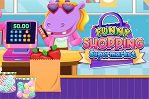 Một chú hà mã màu tím đang ở quầy thu ngân với túi mua sắm và bảng hiệu Funny Shopping Supermarket
