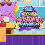 Một chú hà mã màu tím đang ở quầy thu ngân với túi mua sắm và bảng hiệu Funny Shopping Supermarket