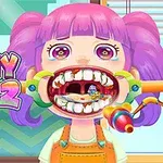 Cô bé tóc tím đang mở miệng rộng trong khung cảnh phòng khám với các công cụ y khoa xung quanh