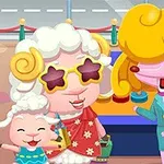 Hai nhân vật hoạt hình dễ thương, một cừu đội kính sao và một chú chó tiếp viên hàng không, cùng một chú cừu nhỏ đang đứng với nền sân bay