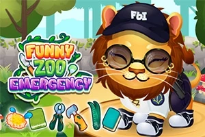 Một con sư tử hoạt hình đang đội mũ và đeo kính, với chữ Funny Zoo Emergency ở bên cạnh trên nền rừng cây
