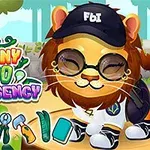 Một con sư tử hoạt hình đang đội mũ và đeo kính, với chữ Funny Zoo Emergency ở bên cạnh trên nền rừng cây