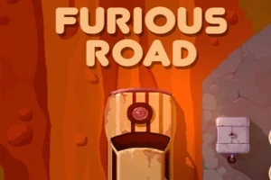 Một chiếc xe đang di chuyển trên con đường màu nâu đỏ với dòng chữ Furious Road phía trên