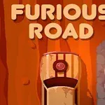 Một chiếc xe đang di chuyển trên con đường màu nâu đỏ với dòng chữ Furious Road phía trên