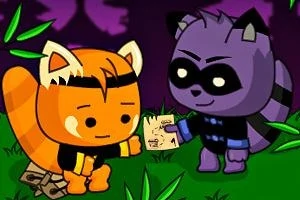 Hai nhân vật hoạt hình dễ thương, một màu cam và một màu tím, đang trao đổi một mảnh giấy trong khung cảnh rừng cây vào ban đêm