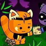 Hai nhân vật hoạt hình dễ thương, một màu cam và một màu tím, đang trao đổi một mảnh giấy trong khung cảnh rừng cây vào ban đêm