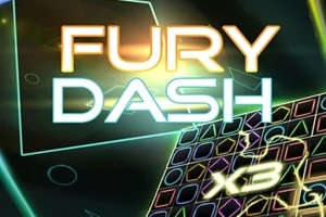 Chữ FURY DASH phát sáng trên nền có hình họa tiết màu sắc và ánh sáng rực rỡ