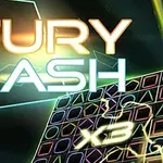 Chữ FURY DASH phát sáng trên nền có hình họa tiết màu sắc và ánh sáng rực rỡ