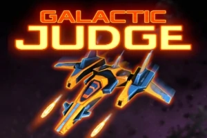 Phi thuyền không gian màu xanh và cam bay trong vũ trụ với tiêu đề Galactic Judge nổi bật