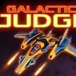 Phi thuyền không gian màu xanh và cam bay trong vũ trụ với tiêu đề Galactic Judge nổi bật