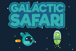 Hình ảnh có dòng chữ Galactic Safari cùng một nhân vật không gian màu xanh và một sinh vật ngoài hành tinh