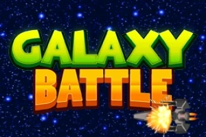 Dòng chữ GALAXY BATTLE nổi bật với nền sao trời và một tàu vũ trụ đang bắn đạn