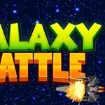 Dòng chữ GALAXY BATTLE nổi bật với nền sao trời và một tàu vũ trụ đang bắn đạn