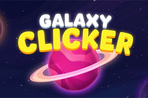 Hình ảnh một hành tinh màu hồng với vòng tròn bao quanh và dòng chữ Galaxy Clicker nổi bật trên nền không gian tối