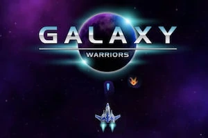 Phi thuyền không gian di chuyển về phía trước trong vũ trụ màu tím với chữ GALAXY WARRIORS phía trên