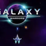 Phi thuyền không gian di chuyển về phía trước trong vũ trụ màu tím với chữ GALAXY WARRIORS phía trên