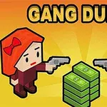 Hai nhân vật hoạt hình đối mặt nhau với súng, một người phụ nữ đội nơ đỏ và một người đàn ông mặc đồng phục cảnh sát, với một chồng tiền ở giữa, tiêu đề GANG DUEL phía trên