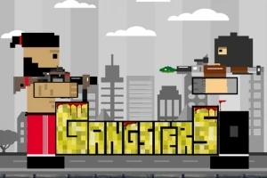 Hai nhân vật phong cách pixel đối đầu với nhau trên nền thành phố, chữ Gangsters ở giữa