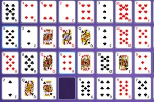 Các lá bài trên nền màu tím, xếp thành các hàng và cột với giá trị và chất khác nhau