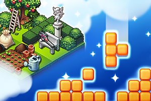 Khu vườn nhỏ với băng ghế, tượng thiên thần và dụng cụ làm vườn nằm bên trái, bên phải là các khối vuông màu cam lơ lửng trên nền xanh dương với mây trắng